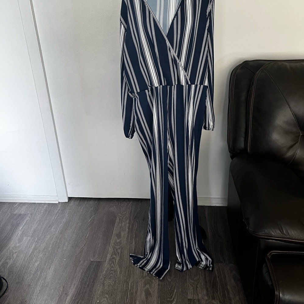 Navy & White Lightweight Striped Summer Jumpsuit – Size XL